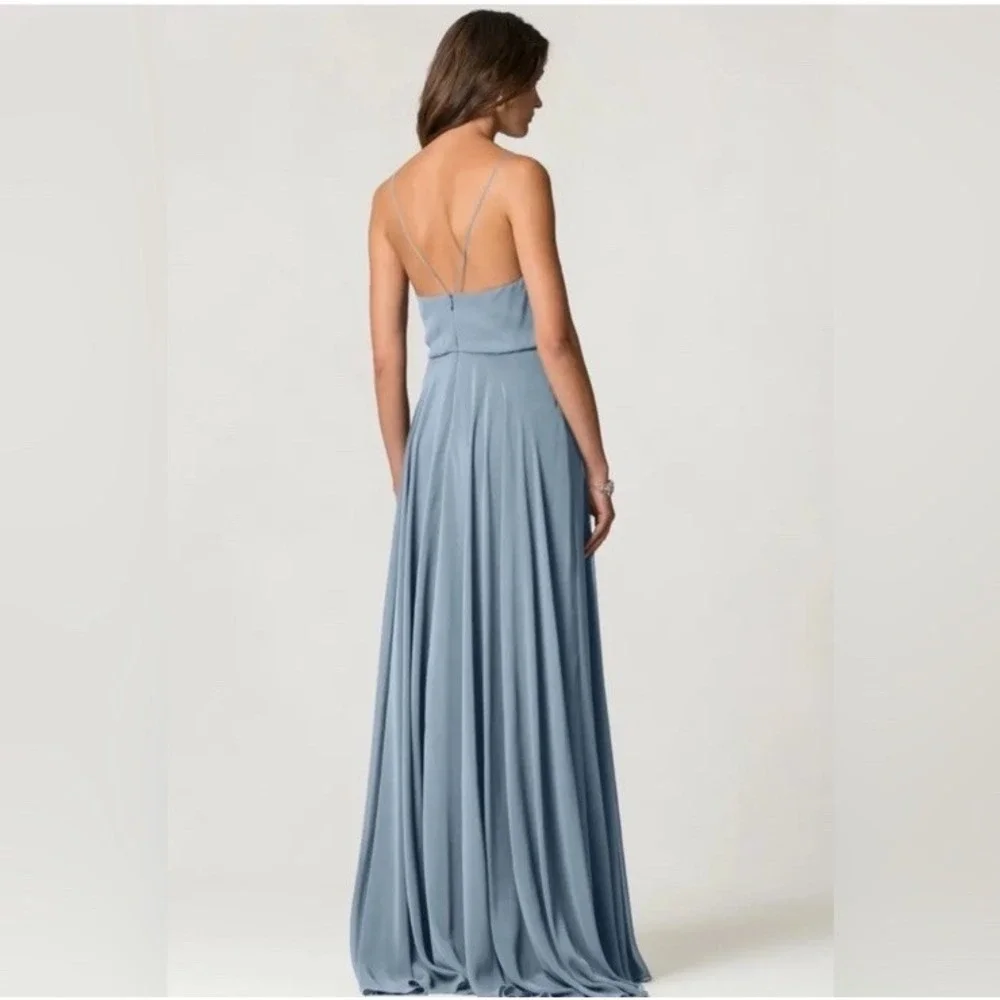 Jenny Yoo Inesse Chiffon Gown Size 6 Bridesmaid Dress Stormy Blue Gray Wedding